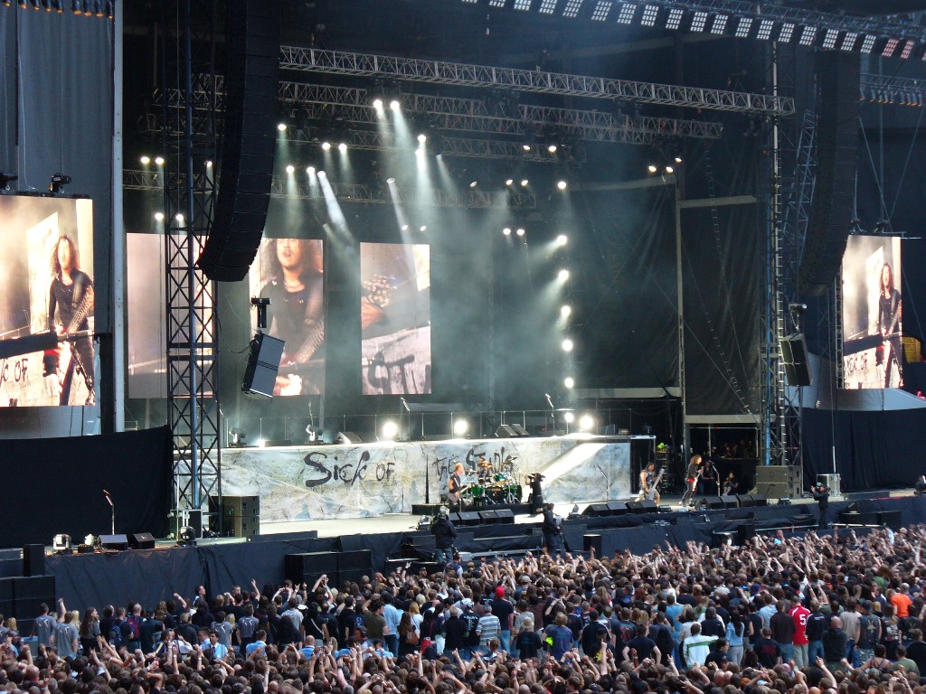 large group of people standing around watching a concert