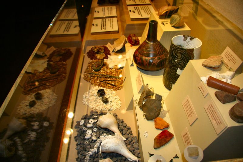 many objects sit in a glass case