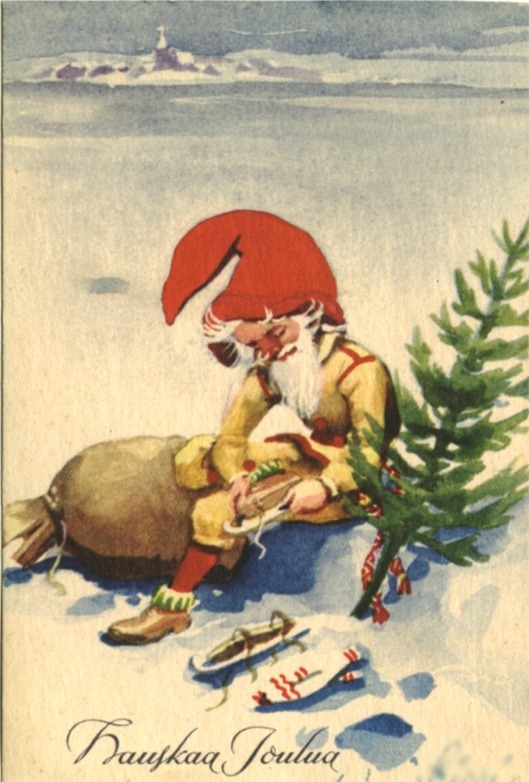 a painting of santa claus putting a tree in a hole