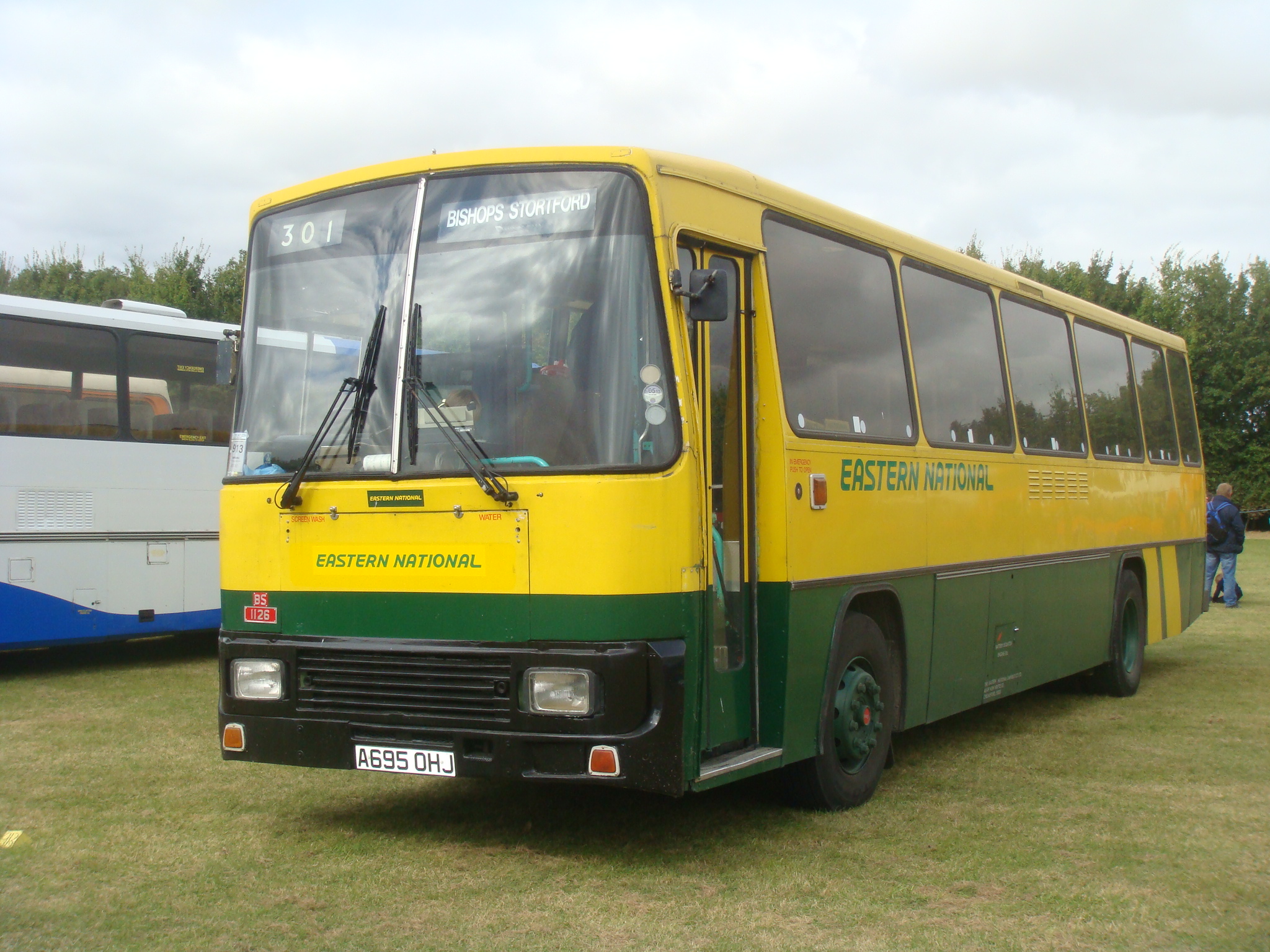 a yellow bus with a green front parked on the grass