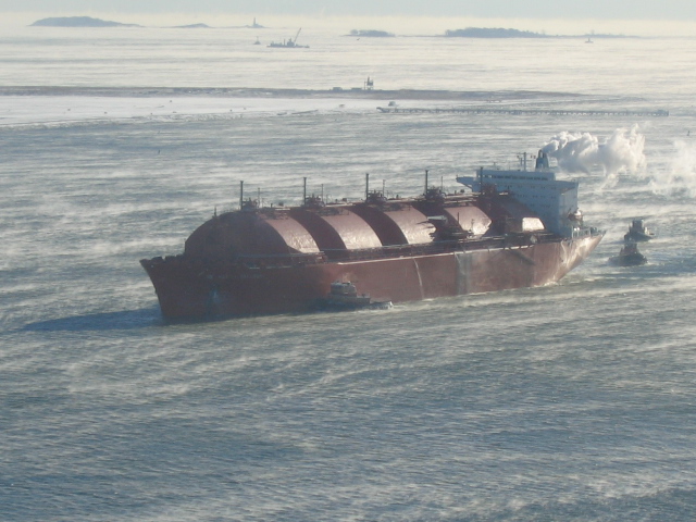 a large ship is in the ocean