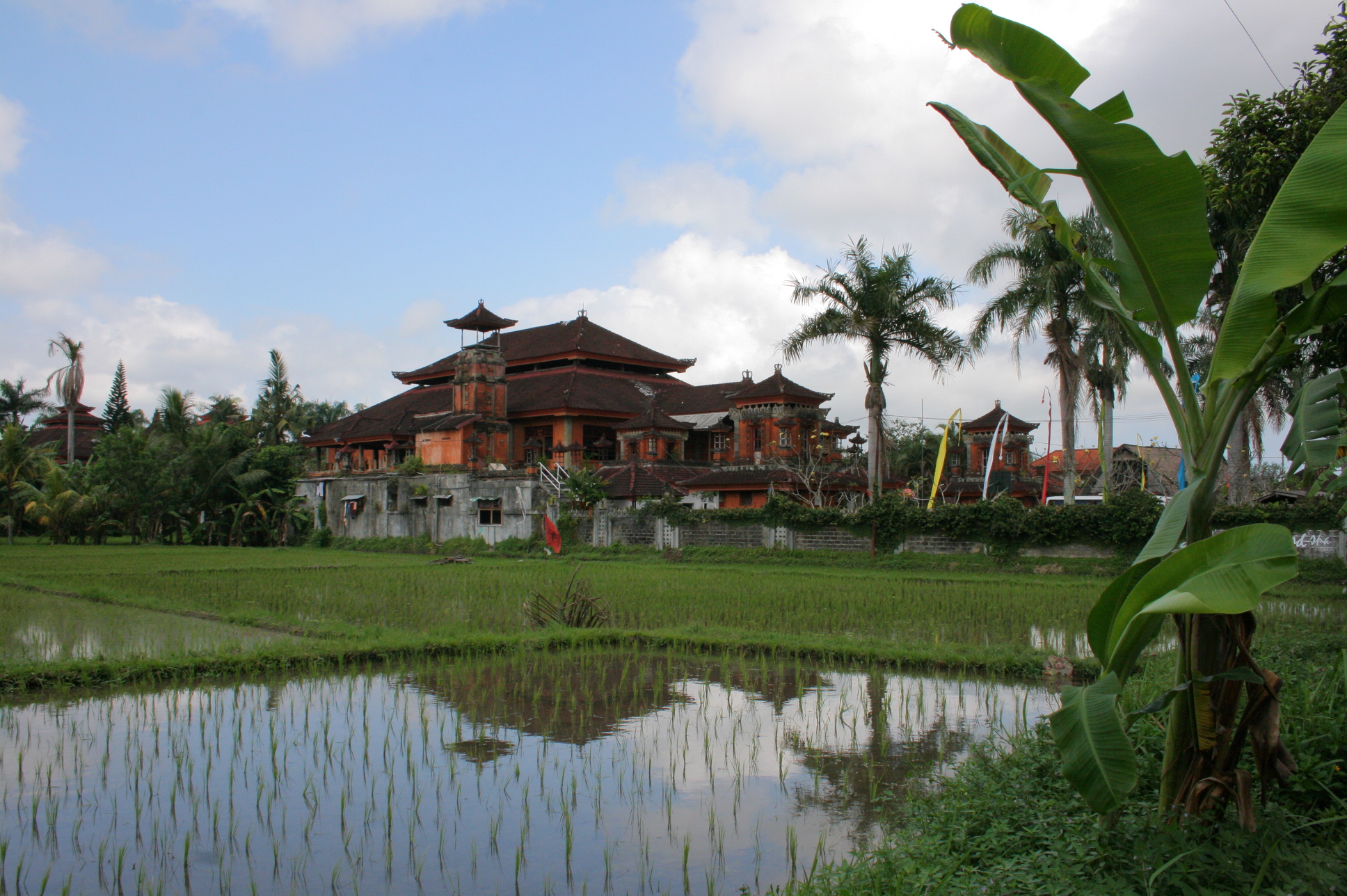 a large brown building with many windows and plants