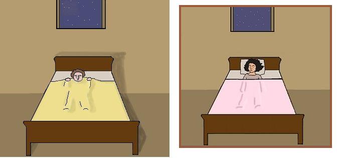 a couple of beds with a cartoon design of them