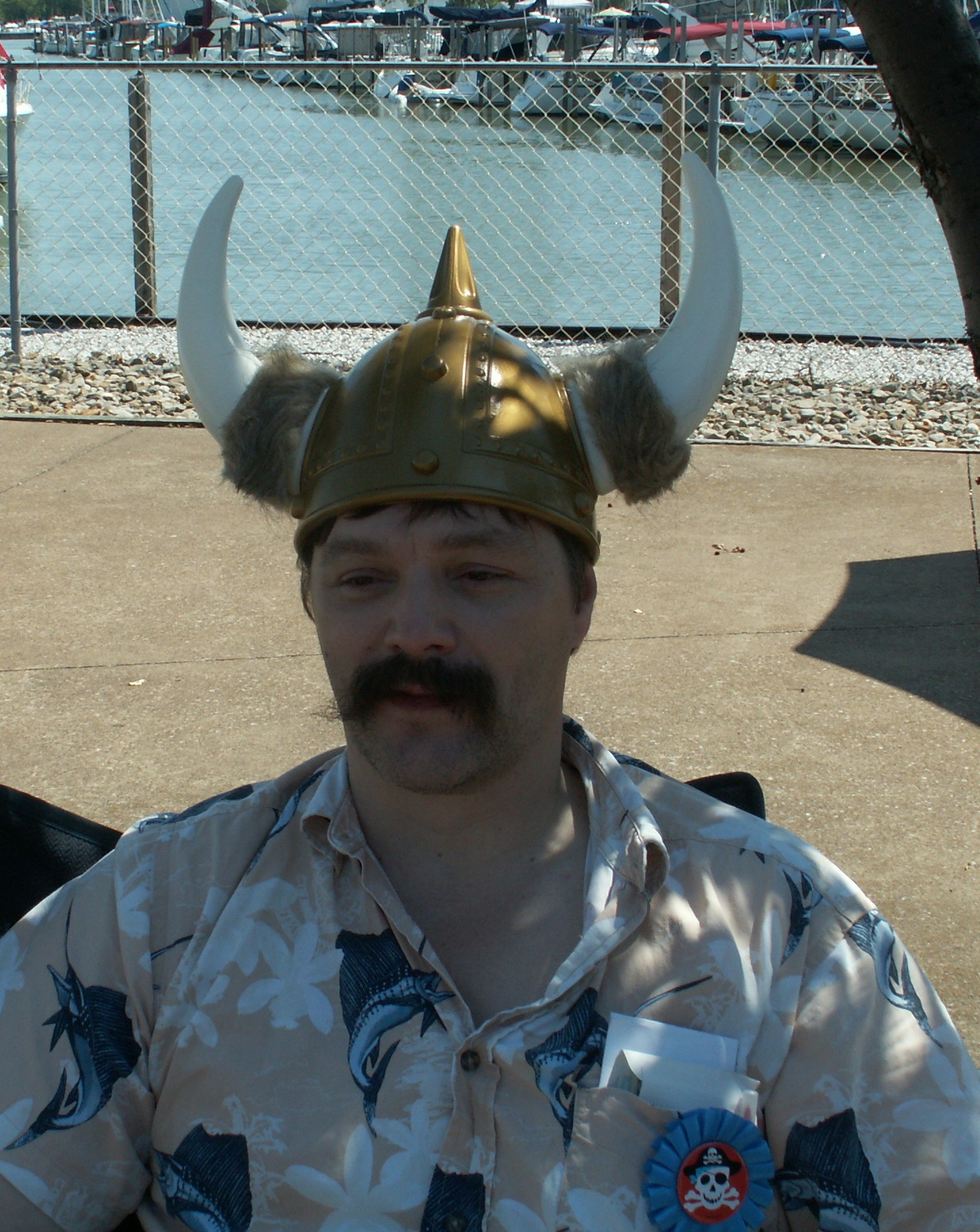 a man in a shirt and viking helmet