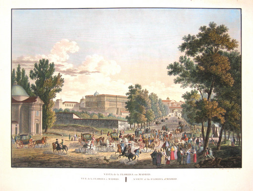 an old painting of a town and a crowd of people
