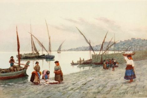 a painting of several people and some boats