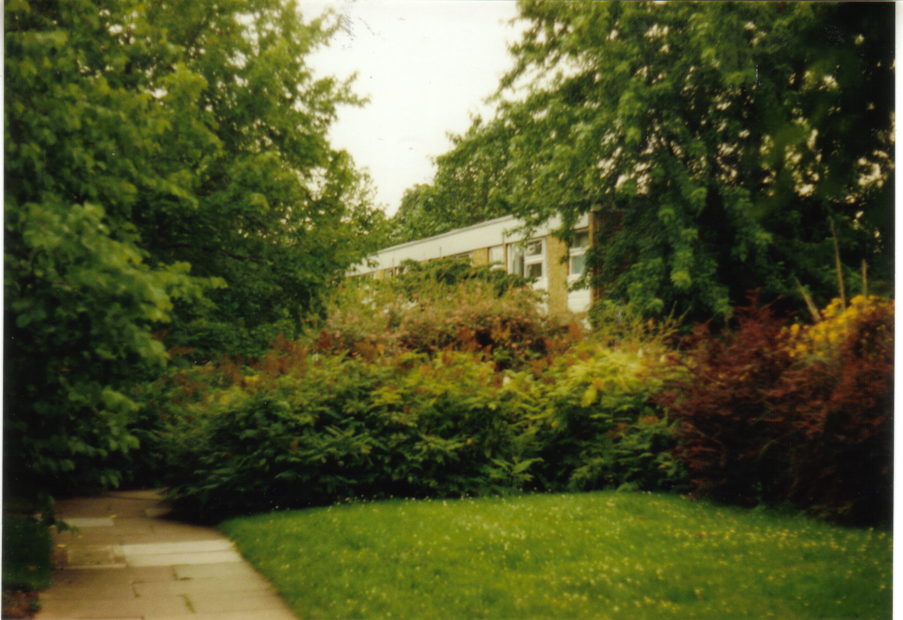 a building on a hill surrounded by trees and bushes