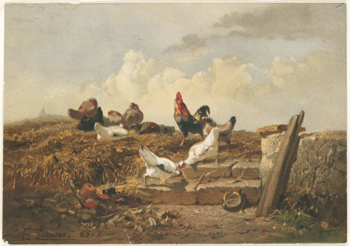 a painting of ducks sitting on steps with other chickens in the background