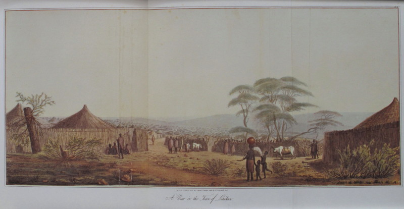 an illustration of a village with people and a horse