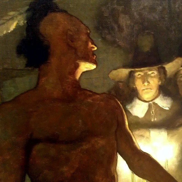 a painting of a person standing in front of two other people