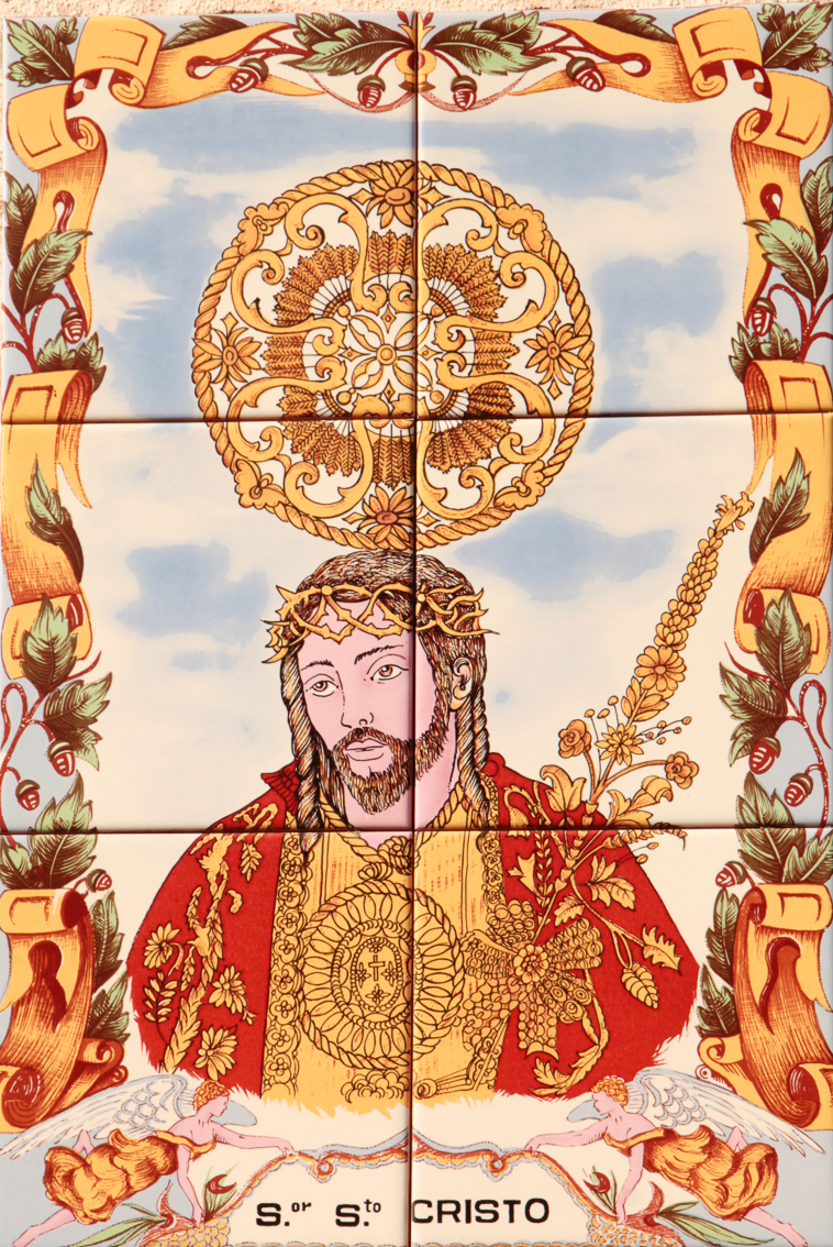 an illustration of jesus on a decorative ceramic tile