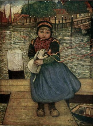 a drawing of a little girl standing on a dock holding a stuffed animal