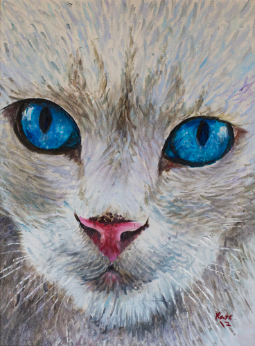 the painting of the cat has been edited using pastel pencils and poshopped