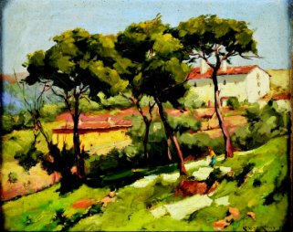 a painting of houses on a hillside with trees