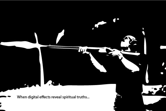 a black and white image of a man shooting an arrow with a text