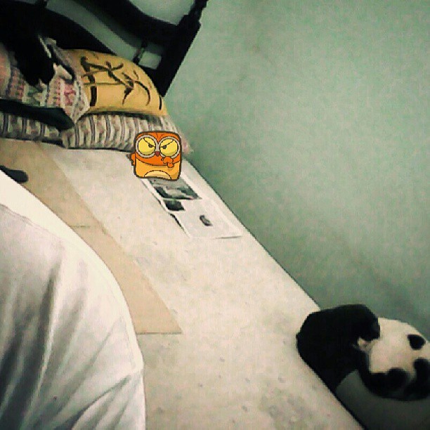 a panda bear sitting underneath some pillows and a snowboard