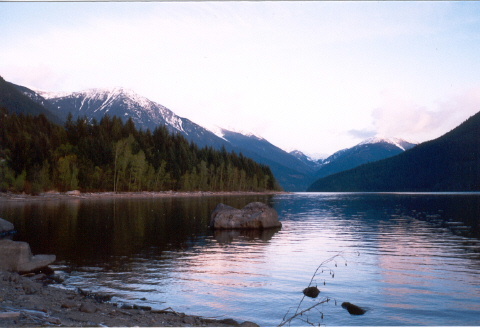 trees and mountains along the water with rocks