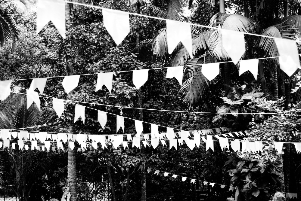 an outdoor area covered in bunting and plants