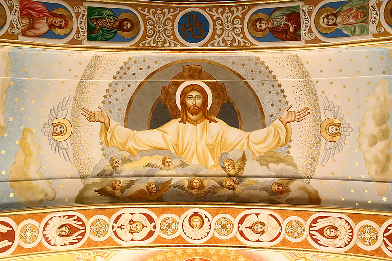 a religious painting with a golden color of jesus surrounded by religious icons