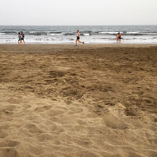 a group of people walking on a beach
