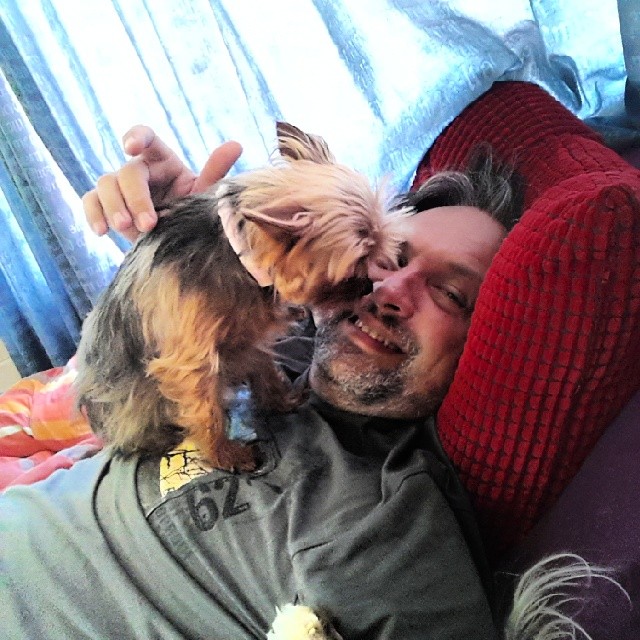 a man holding his small dog sleeping on his owner's chest