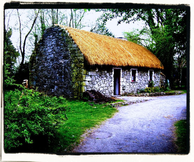 a house with grass roof sits on the side of a road