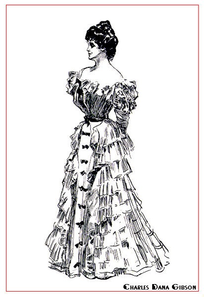 a vintage fashion illustration in the 1800s's showing an older woman wearing a large dress with ruffle