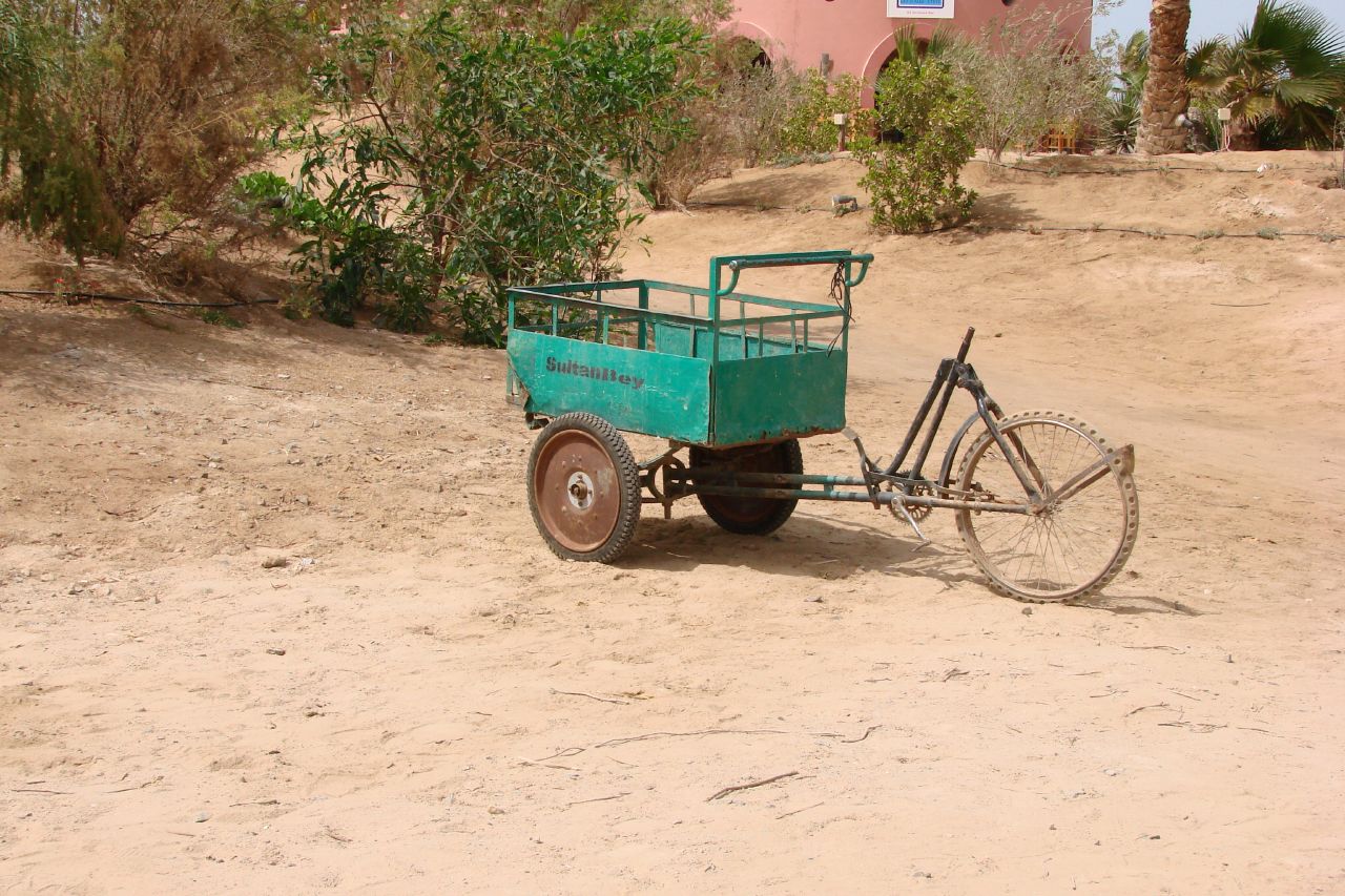 an old rusty green bike parked in the middle of a dirt road