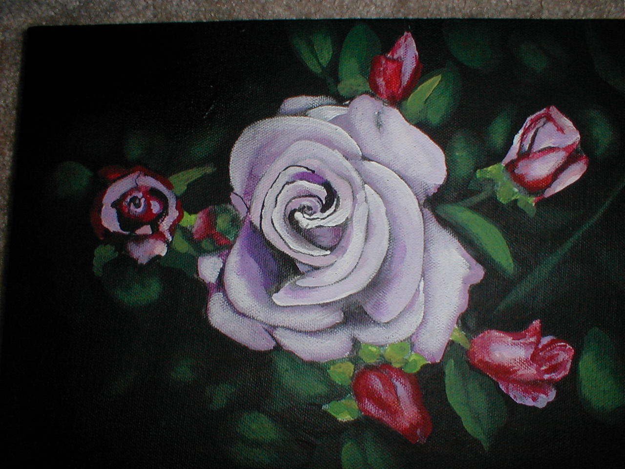 a painting with a white rose on it's side