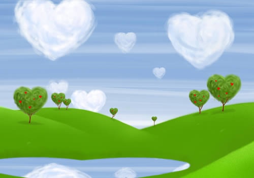 an animated scene with hearts in the sky