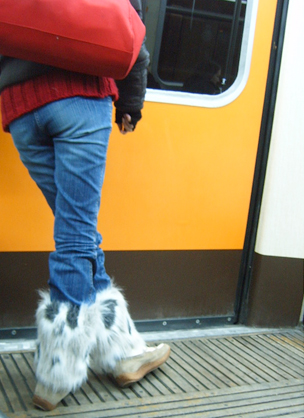 the people are stepping on the subway doors