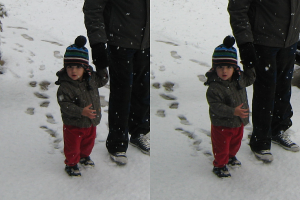 an adult and child are standing in the snow