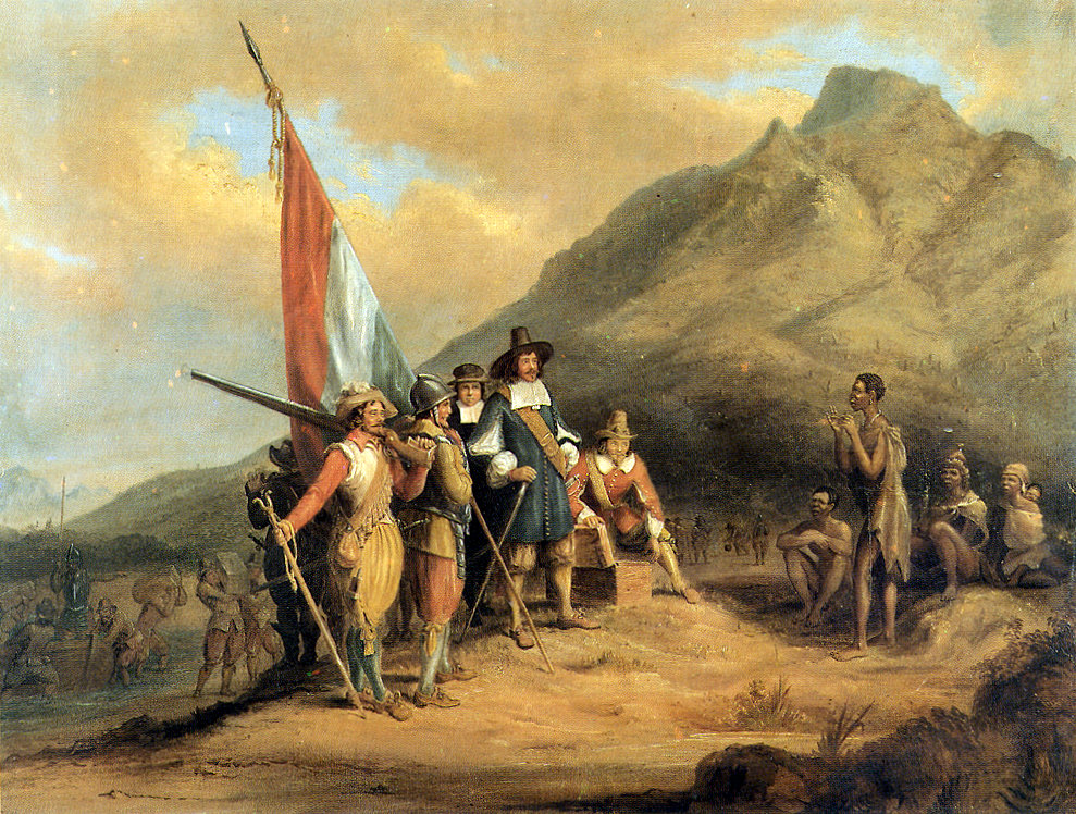 an old painting of men in uniform with flags