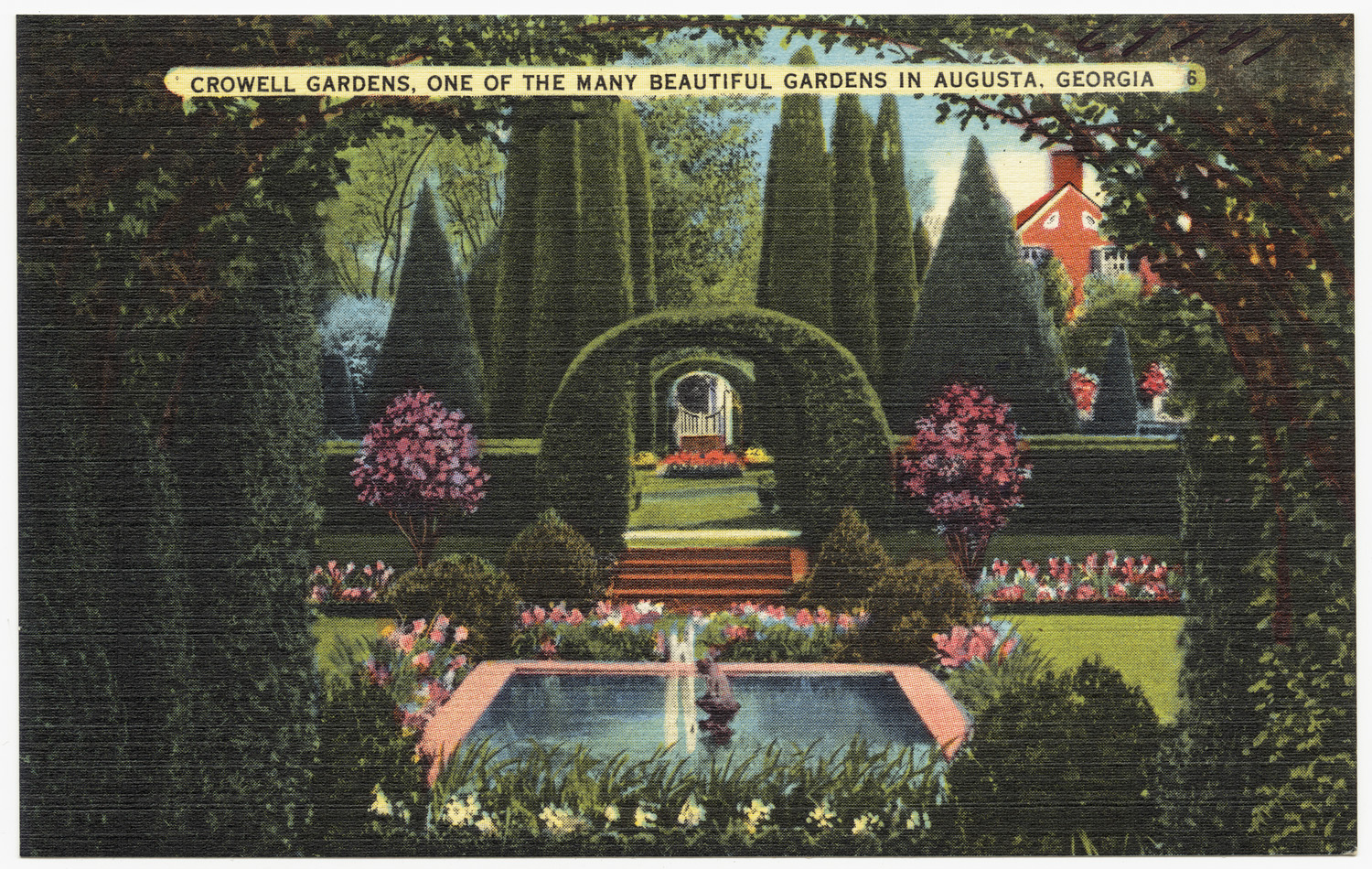a painting of an old style garden with fountain