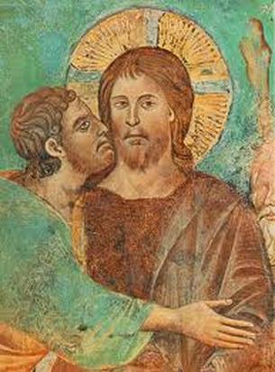 jesus holding the hand of a person in front of green, yellow and white background