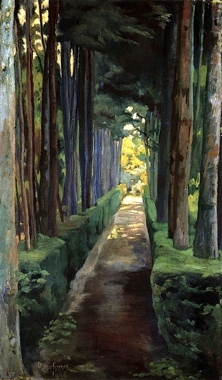 a painting of a tree lined road with trees lining the path