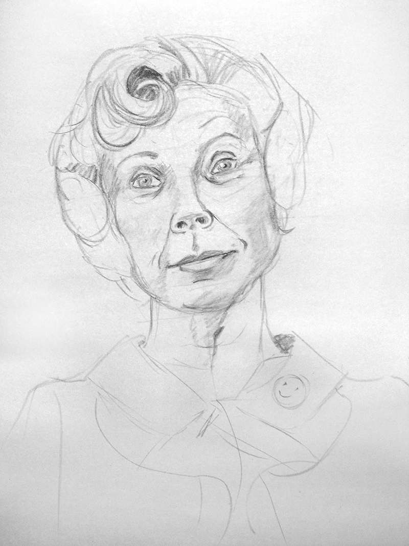 a pencil drawing of a woman with hair blowing