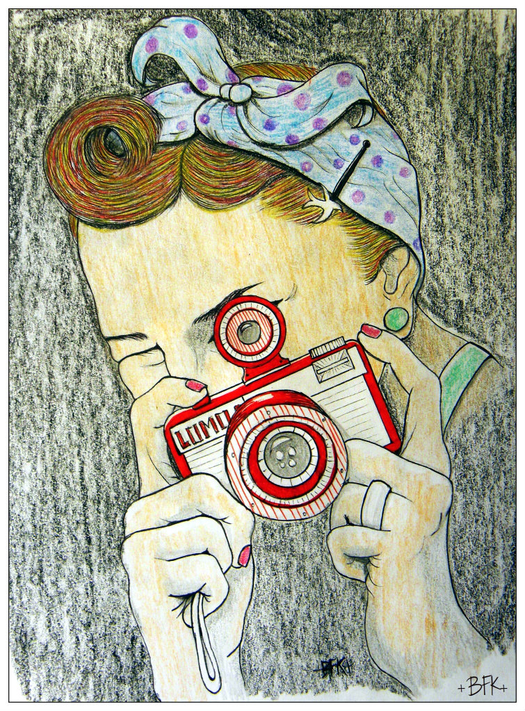 a drawing of a woman taking pictures with a camera