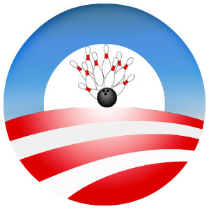 a stylized image with red, white and blue pins and a bowling ball