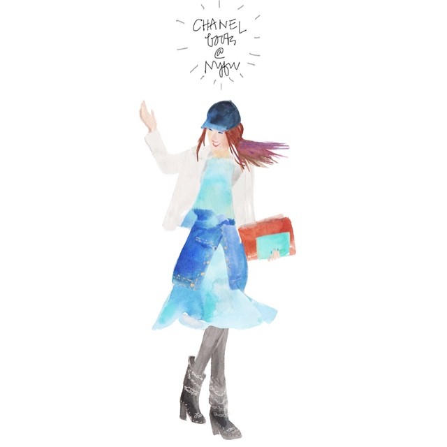 this is a watercolor painting of a girl walking with shopping bags