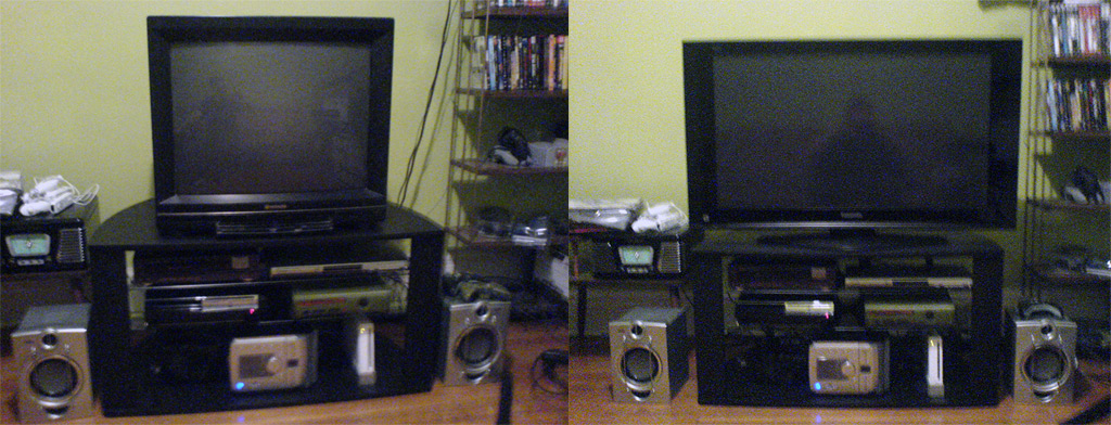 three televisions are stacked on top of each other