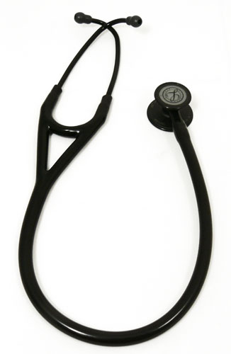 a black stethoscope with a round top and white spiky skin on it