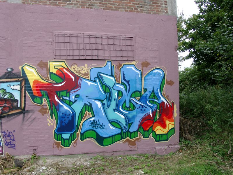 a side wall covered in colorful graffiti near some bushes