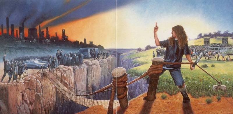 two pictures showing a man walking a tightrope, an angry landscape and people standing around