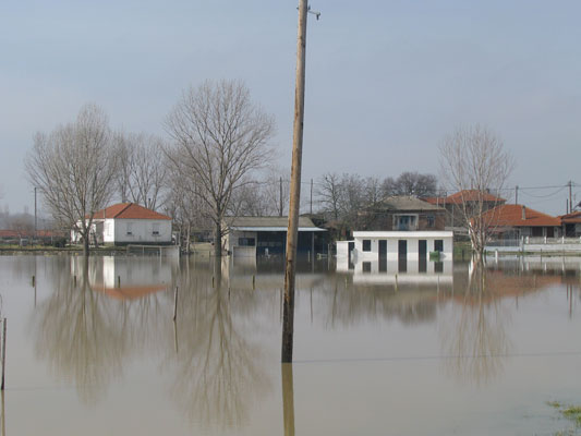 a flooded street with homes and telephone poles