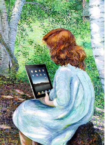 a woman in a blue dress sitting on a tree stump using an ipad