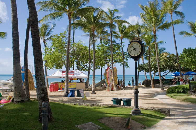 people on the beach and a clock in the grass