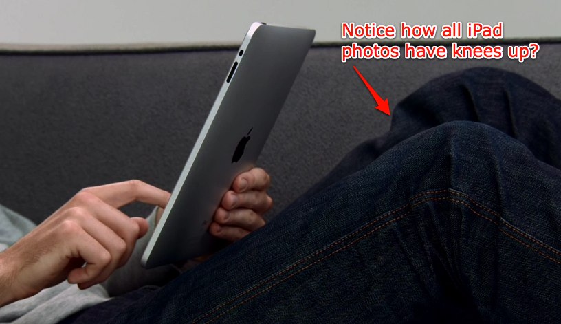 a man is holding an ipad with the text notice how all had pos have knees up