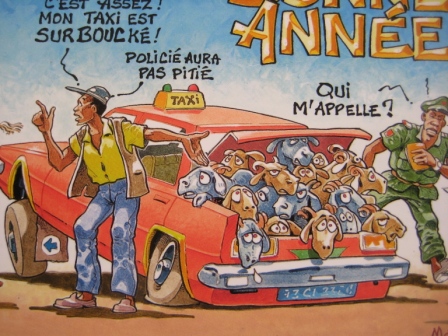 an image of a cartoon car with animals and a man in a yellow shirt