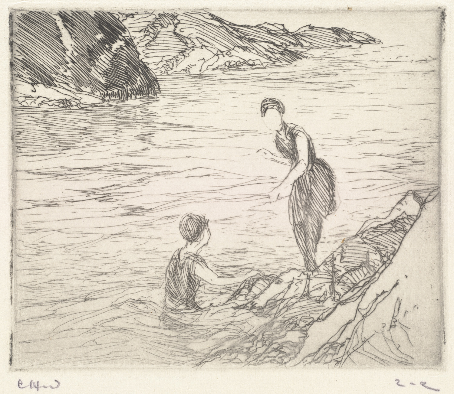 a sketch of a man and a child sitting in the water